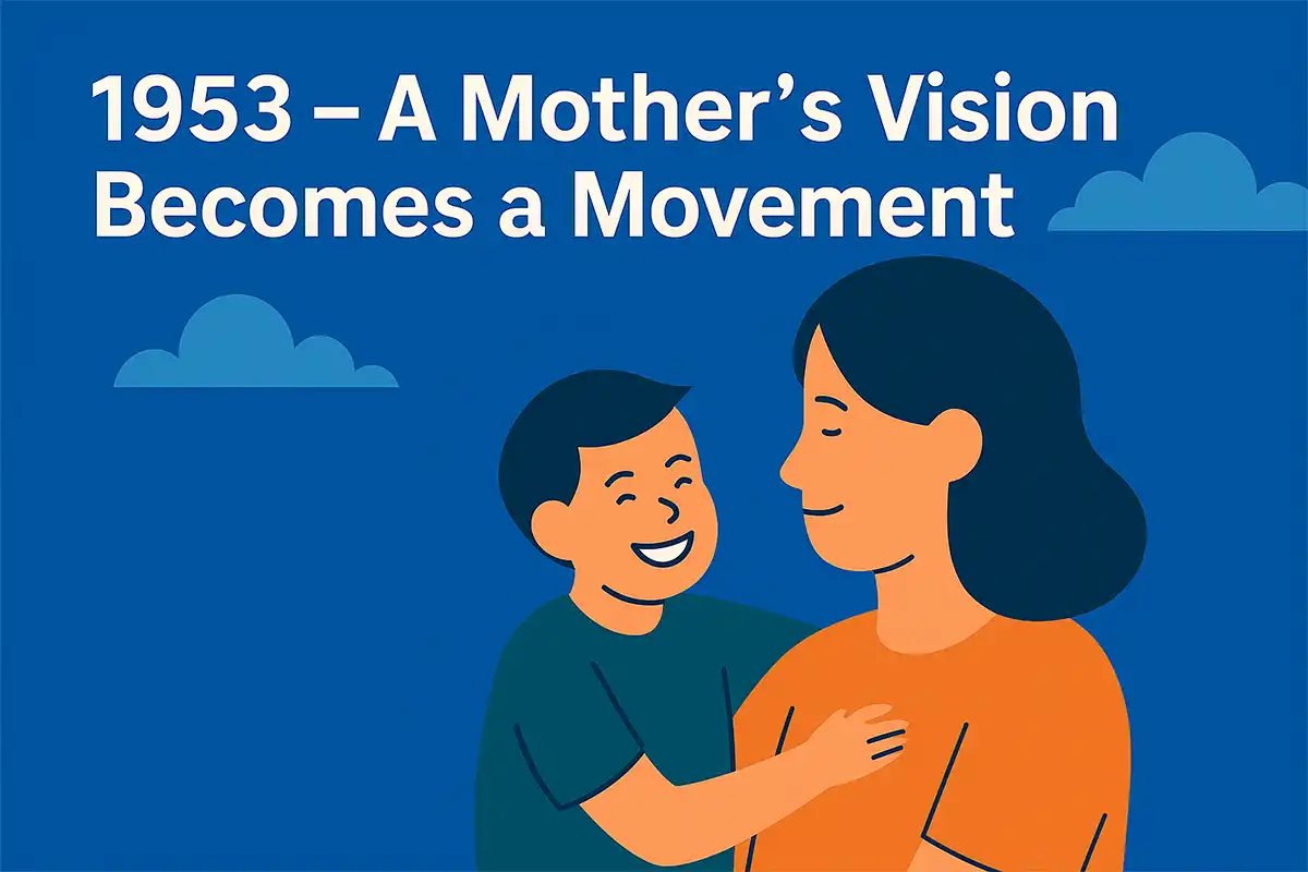 Illustration of a mother holding her child’s hand, standing together in front of a large heart symbol and clouds in the sky.