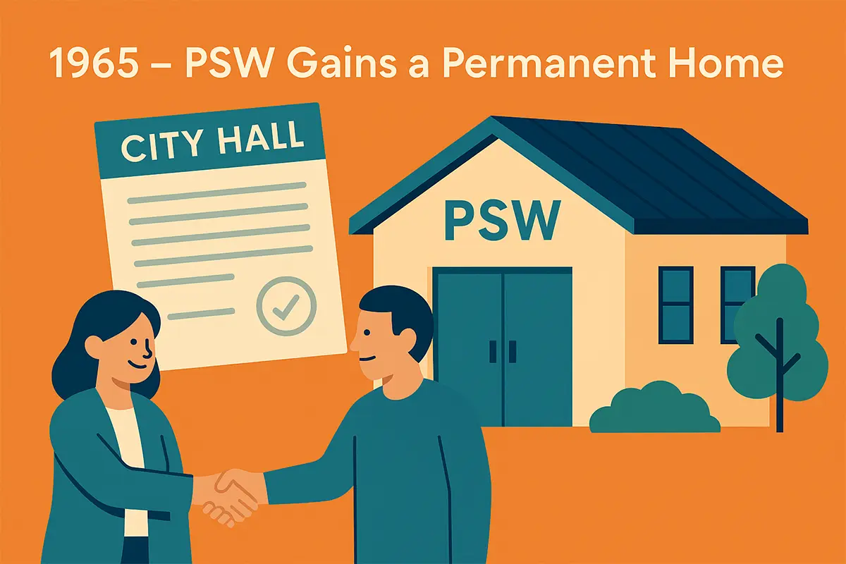 Illustration titled “1965 – PSW Gains a Permanent Home.” It shows two people shaking hands in front of a building labeled “PSW.” To the left, a large document marked “City Hall” features a checkmark, symbolizing official approval. The scene is set against an orange background, suggesting a foundational moment in the organization’s history.