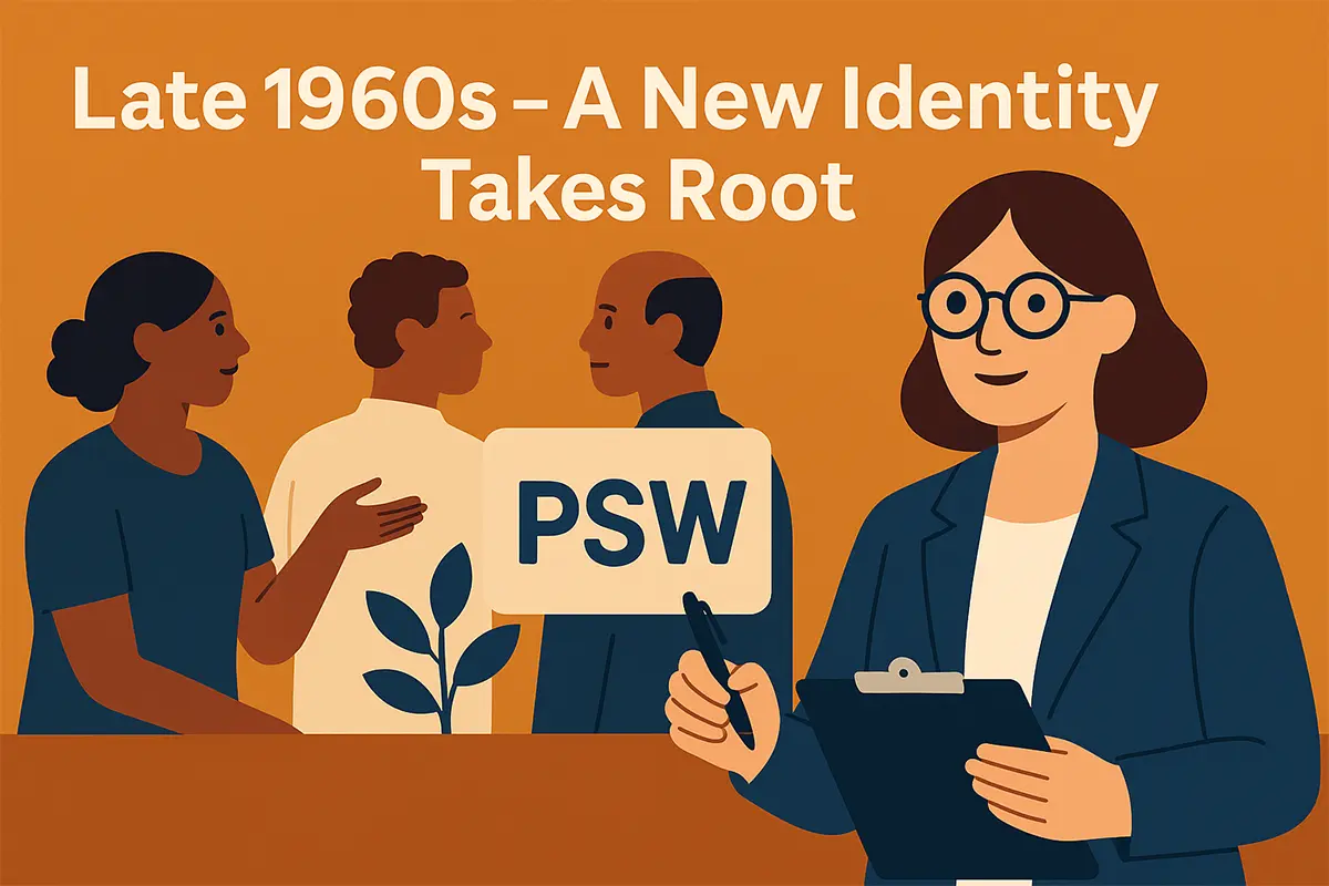 Illustration titled “Late 1960s – A New Identity Takes Root.” It shows a diverse group of people talking, with one person holding a sign that says “PSW” next to a small plant symbolizing growth. On the right, a woman with glasses and a clipboard smiles confidently. The background is orange, reflecting a warm and transformative era.