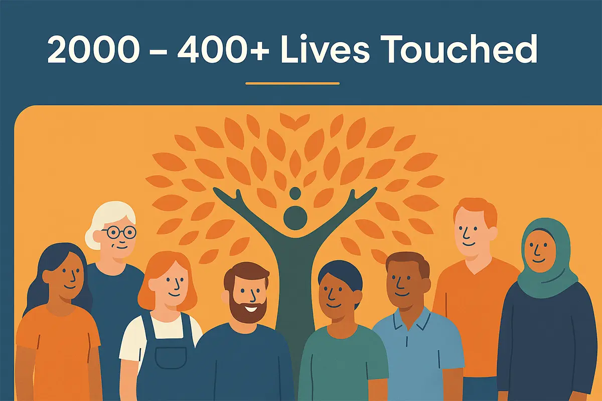 Illustration of a diverse group of smiling individuals standing in front of a stylized tree with orange leaves and a figure with raised arms at its center. The background is warm orange, and the text reads “2000 – 400+ Lives Touched.” The image represents community growth, diversity, and positive impact.