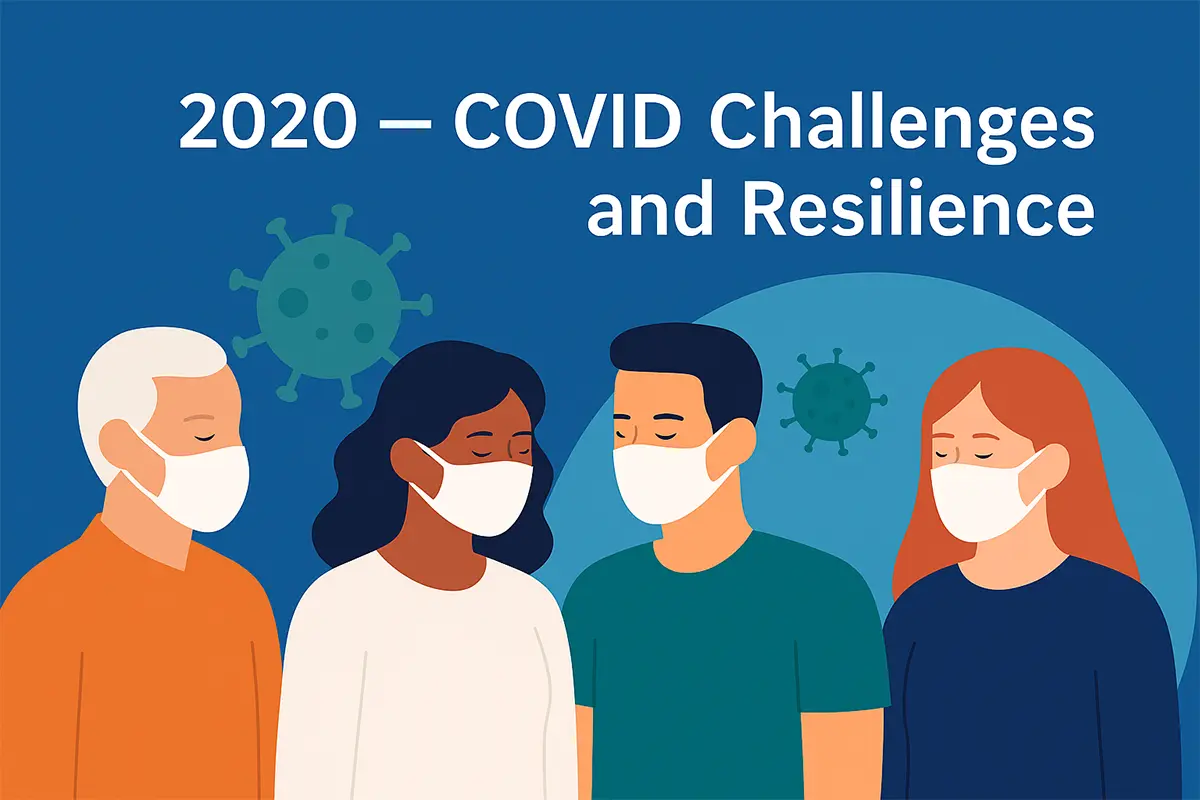 Illustration of four diverse individuals wearing face masks, standing together with eyes closed in reflection, with virus icons in the background representing the COVID-19 pandemic.