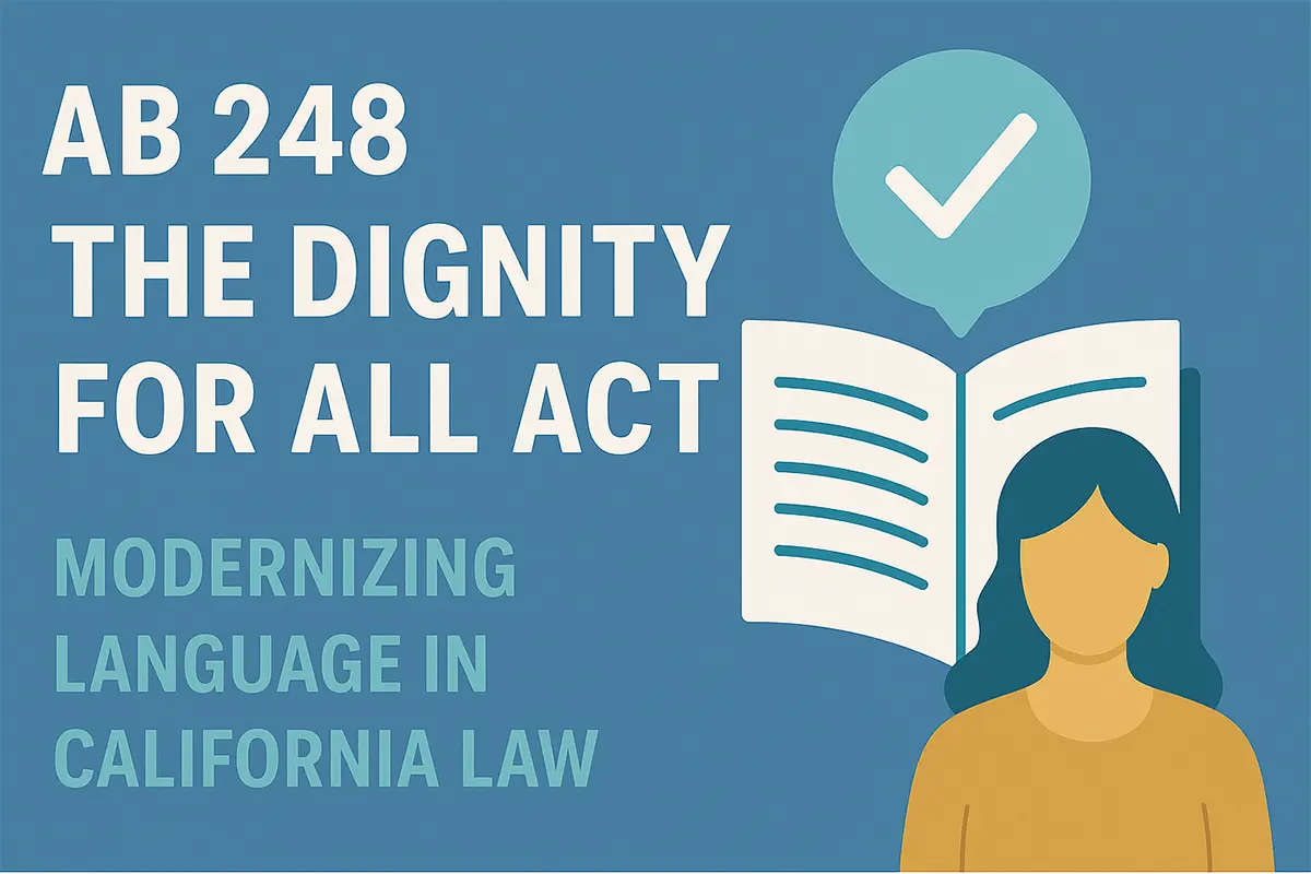 Illustration of a woman standing beside an open book with a checkmark icon above it, representing approved or updated language in legislation.