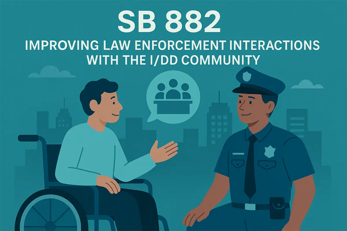 Illustration of a man in a wheelchair having a positive conversation with a uniformed police officer, with a speech bubble icon showing a group discussion, set against a cityscape backdrop.