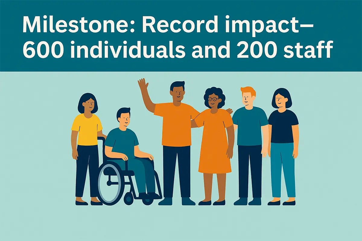 Illustration of a diverse group of individuals, including a person using a wheelchair, standing together and smiling, symbolizing inclusion and community impact.