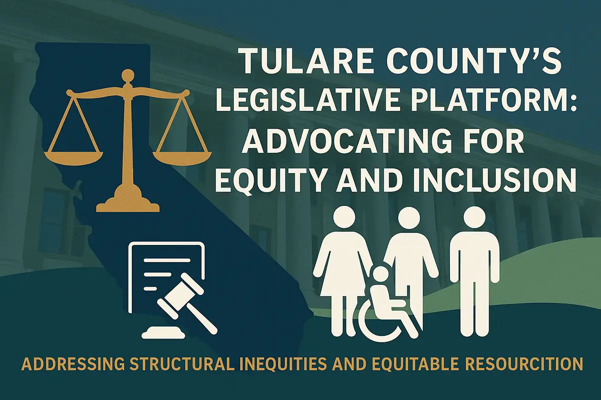 Graphic for Tulare County’s Legislative Platform on Equity and Inclusion. Includes visual symbols of justice, accessibility, and community alongside the message: “Addressing structural inequities and equitable resourcition.”